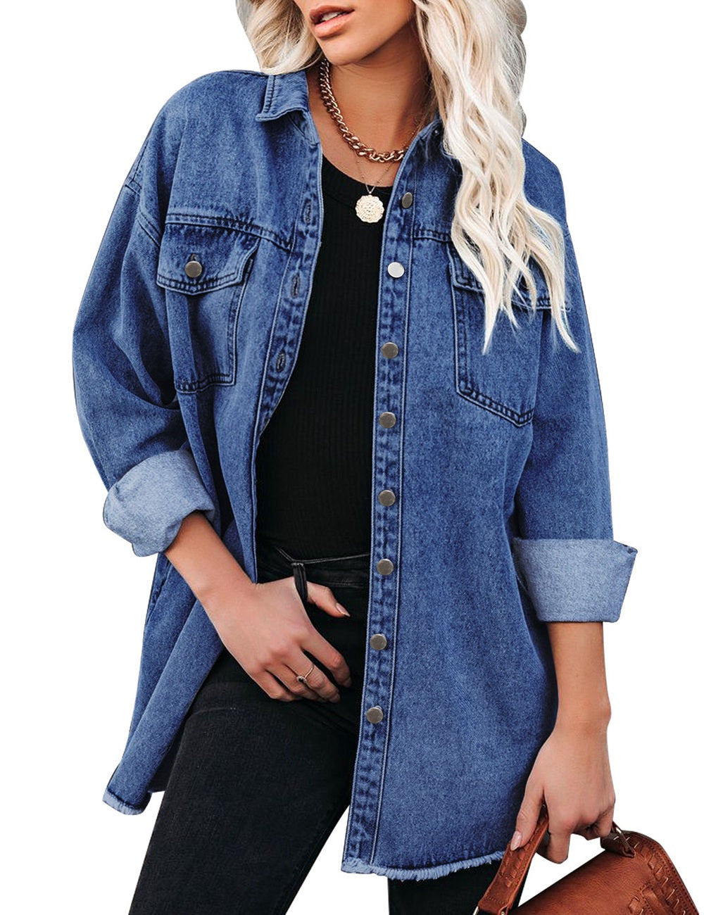 Women's Casual Drop Shoulder Button Up Denim Jacket Cute Solid Single  Breasted Boyfriend Denim Short Shacket Jacket at  Women's Coats Shop