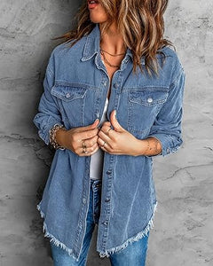 Vetinee Women’s Ball Women’s Front-Button Frayed Hem Shacket Long Sleeve Flap Chest Pockets Denim Jean Jacket