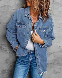 Vetinee Women’s Ball Women’s Front-Button Frayed Hem Shacket Long Sleeve Flap Chest Pockets Denim Jean Jacket