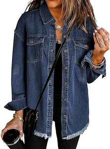 Vetinee Women’s Ball Women’s Front-Button Frayed Hem Shacket Long Sleeve Flap Chest Pockets Denim Jean Jacket