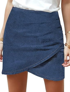 Vetinee Women's Tulip Hem Shirred Washed Casual Bodycon Short Jean Denim Skirt