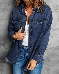 Vetinee Women’s Ball Women’s Front-Button Frayed Hem Shacket Long Sleeve Flap Chest Pockets Denim Jean Jacket