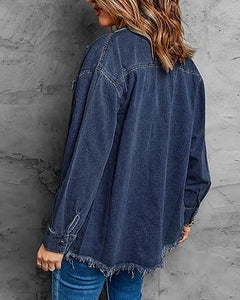 Vetinee Women’s Ball Women’s Front-Button Frayed Hem Shacket Long Sleeve Flap Chest Pockets Denim Jean Jacket