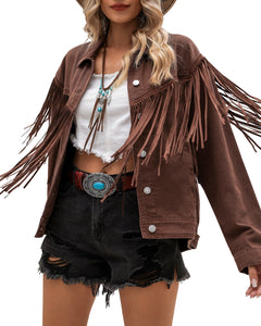 Vetinee Denim Jacket for Women Fringe Trucker Jean Jacket Distressed Western Cowgirl Shacket Jackets Coachella Festival