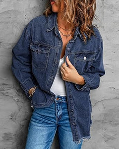 Vetinee Women’s Ball Women’s Front-Button Frayed Hem Shacket Long Sleeve Flap Chest Pockets Denim Jean Jacket