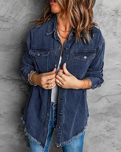 Vetinee Women’s Ball Women’s Front-Button Frayed Hem Shacket Long Sleeve Flap Chest Pockets Denim Jean Jacket