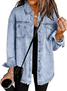 Vetinee Women’s Ball Women’s Front-Button Frayed Hem Shacket Long Sleeve Flap Chest Pockets Denim Jean Jacket