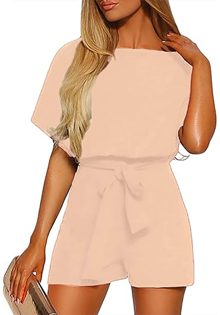 Vetinee Womens Summer Belted Romper Keyhole Back Short Sleeve Jumpsuit Playsuit