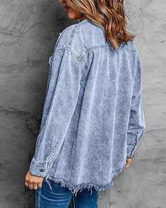 Vetinee Women’s Ball Women’s Front-Button Frayed Hem Shacket Long Sleeve Flap Chest Pockets Denim Jean Jacket