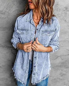 Vetinee Women’s Ball Women’s Front-Button Frayed Hem Shacket Long Sleeve Flap Chest Pockets Denim Jean Jacket