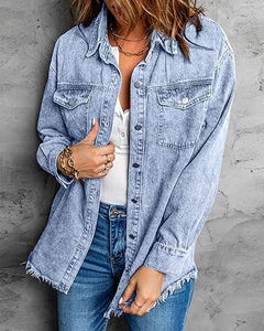 Vetinee Women’s Ball Women’s Front-Button Frayed Hem Shacket Long Sleeve Flap Chest Pockets Denim Jean Jacket