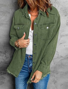 Vetinee Women’s Ball Front-Button Frayed Hem Shacket Long Sleeve Flap Chest Pockets Denim Jean Jacket