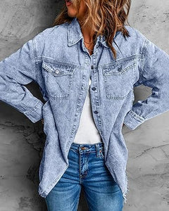 Vetinee Women’s Ball Women’s Front-Button Frayed Hem Shacket Long Sleeve Flap Chest Pockets Denim Jean Jacket