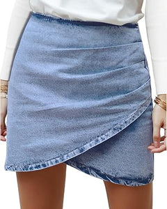 Vetinee Women's Tulip Hem Shirred Washed Casual Bodycon Short Jean Denim Skirt