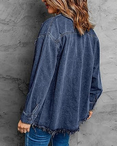 Vetinee Women’s Ball Women’s Front-Button Frayed Hem Shacket Long Sleeve Flap Chest Pockets Denim Jean Jacket