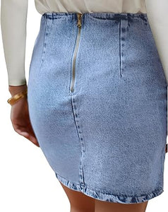 Vetinee Women's Tulip Hem Shirred Washed Casual Bodycon Short Jean Denim Skirt