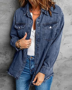 Vetinee Women’s Ball Women’s Front-Button Frayed Hem Shacket Long Sleeve Flap Chest Pockets Denim Jean Jacket