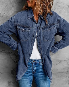 Vetinee Women’s Ball Women’s Front-Button Frayed Hem Shacket Long Sleeve Flap Chest Pockets Denim Jean Jacket