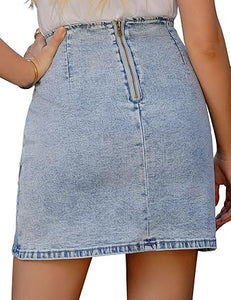 Vetinee Women's Tulip Hem Shirred Washed Casual Bodycon Short Jean Denim Skirt