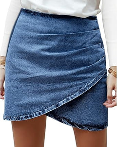 Vetinee Women's Tulip Hem Shirred Washed Casual Bodycon Short Jean Denim Skirt