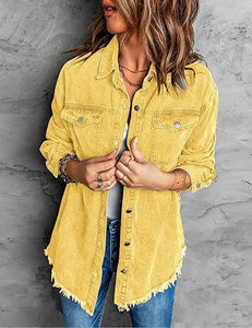 Vetinee Women’s Ball Front-Button Frayed Hem Shacket Long Sleeve Flap Chest Pockets Denim Jean Jacket