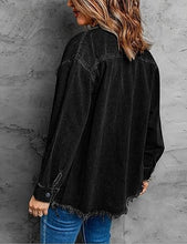 Vetinee Women’s Ball Front-Button Frayed Hem Shacket Long Sleeve Flap Chest Pockets Denim Jean Jacket