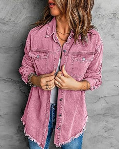 Vetinee Women’s Ball Women’s Front-Button Frayed Hem Shacket Long Sleeve Flap Chest Pockets Denim Jean Jacket