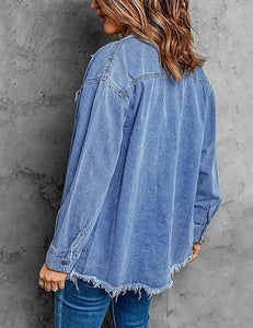 Vetinee Women’s Ball Women’s Front-Button Frayed Hem Shacket Long Sleeve Flap Chest Pockets Denim Jean Jacket