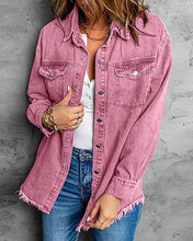 Vetinee Women’s Ball Front-Button Frayed Hem Shacket Long Sleeve Flap Chest Pockets Denim Jean Jacket