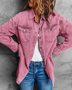 Vetinee Women’s Ball Front-Button Frayed Hem Shacket Long Sleeve Flap Chest Pockets Denim Jean Jacket