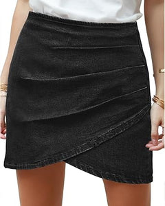 Vetinee Women's Tulip Hem Shirred Washed Casual Bodycon Short Jean Denim Skirt