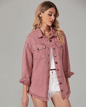 Vetinee Women’s Ball Women’s Front-Button Frayed Hem Shacket Long Sleeve Flap Chest Pockets Denim Jean Jacket