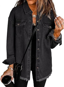 Vetinee Women’s Ball Front-Button Frayed Hem Shacket Long Sleeve Flap Chest Pockets Denim Jean Jacket