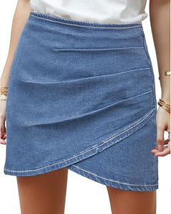 Vetinee Women's Tulip Hem Shirred Washed Casual Bodycon Short Jean Denim Skirt