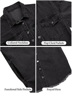 Vetinee Women’s Ball Front-Button Frayed Hem Shacket Long Sleeve Flap Chest Pockets Denim Jean Jacket