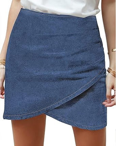 Vetinee Women's Tulip Hem Shirred Washed Casual Bodycon Short Jean Denim Skirt