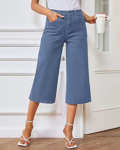 Vetinee Wide Leg Capri Jeans for Women High Waisted Stretch Cropped Baggy Denim Capris Dressy Pants