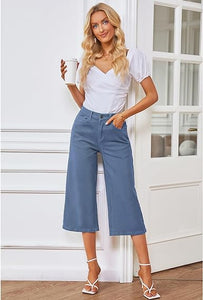 Vetinee Wide Leg Capri Jeans for Women High Waisted Stretch Cropped Baggy Denim Capris Dressy Pants
