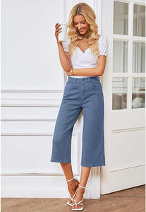 Vetinee Wide Leg Capri Jeans for Women High Waisted Stretch Cropped Baggy Denim Capris Dressy Pants