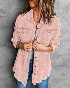 Vetinee Women’s Ball Front-Button Frayed Hem Shacket Long Sleeve Flap Chest Pockets Denim Jean Jacket