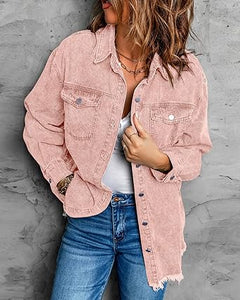 Vetinee Women’s Ball Front-Button Frayed Hem Shacket Long Sleeve Flap Chest Pockets Denim Jean Jacket