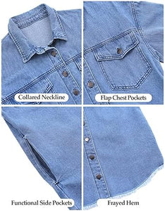 Vetinee Women’s Ball Women’s Front-Button Frayed Hem Shacket Long Sleeve Flap Chest Pockets Denim Jean Jacket