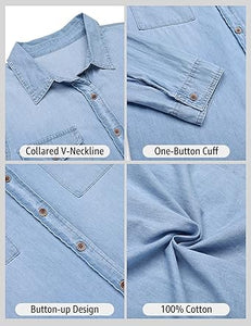 Vetinee Women's Lapel Button Down Collared Casual Long Sleeve Pocket Denim Shirt Tops