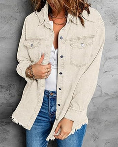 Vetinee Women’s Ball Front-Button Frayed Hem Shacket Long Sleeve Flap Chest Pockets Denim Jean Jacket