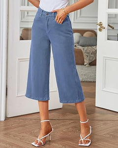 Vetinee Wide Leg Capri Jeans for Women High Waisted Stretch Cropped Baggy Denim Capris Dressy Pants