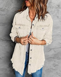 Vetinee Women’s Ball Front-Button Frayed Hem Shacket Long Sleeve Flap Chest Pockets Denim Jean Jacket