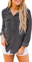 Vetinee Women's Lapel Button Down Collared Casual Long Sleeve Pocket Denim Shirt Tops