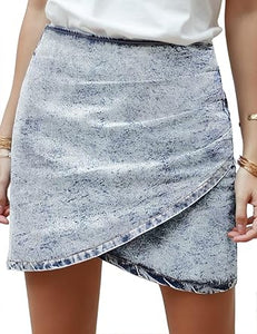 Vetinee Women's Tulip Hem Shirred Washed Casual Bodycon Short Jean Denim Skirt