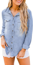 Vetinee Women's Lapel Button Down Collared Casual Long Sleeve Pocket Denim Shirt Tops