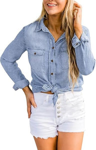 Vetinee Women's Lapel Button Down Collared Casual Long Sleeve Pocket Denim Shirt Tops